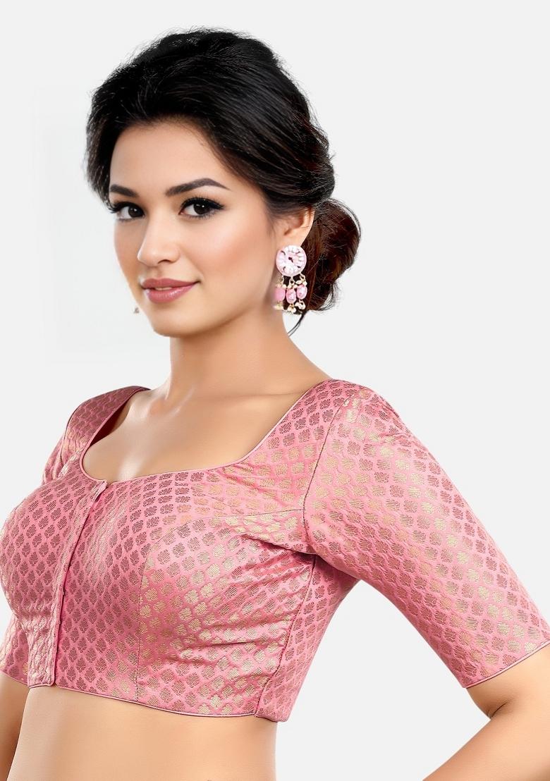 Baby Pink Front Hook Closure Brocade Blouse - Indya