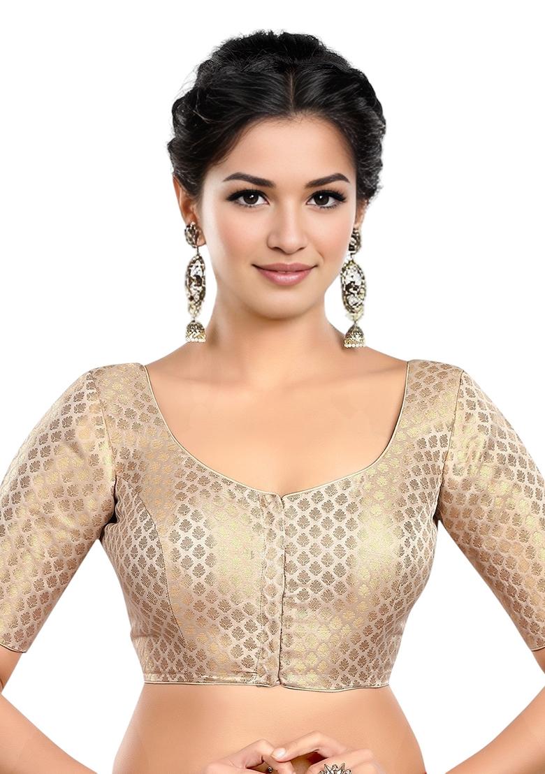 Cream Front Hook Closure Brocade Blouse - Indya