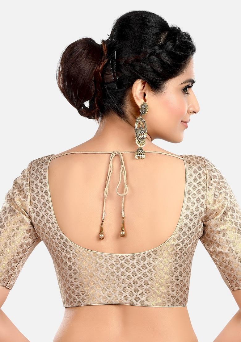 Cream Front Hook Closure Brocade Blouse - Indya