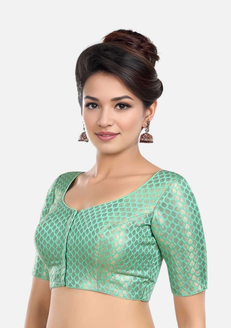 Green Front Hook Closure Brocade Blouse - Indya