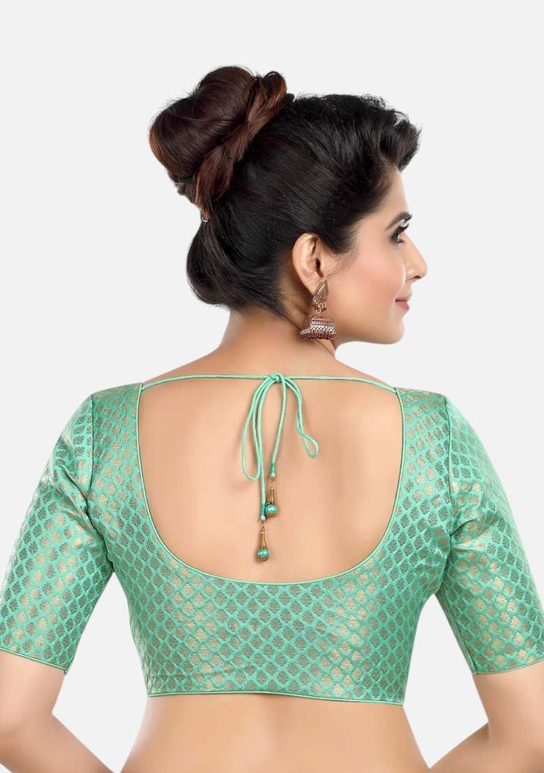 Green Front Hook Closure Brocade Blouse - Indya
