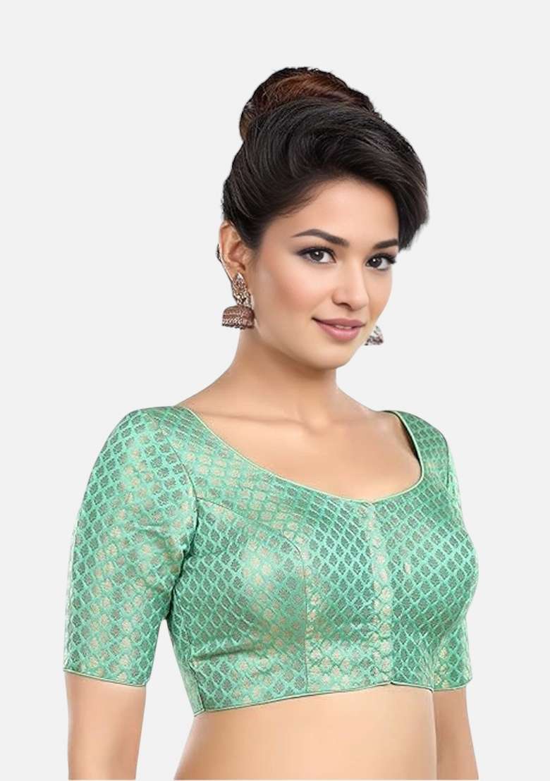 Green Front Hook Closure Brocade Blouse - Indya