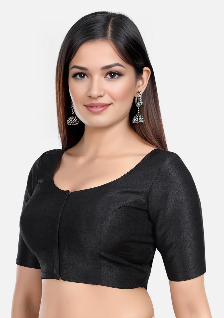 Black Front Hook Closure Kora Silk Blouse - Indya