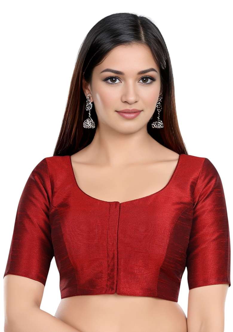 Maroon Front Hook Closure Kora Silk Blouse - Indya
