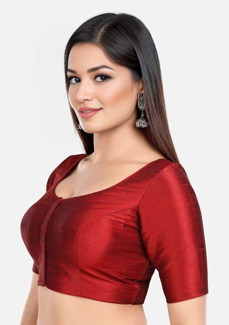 Maroon Front Hook Closure Kora Silk Blouse - Indya