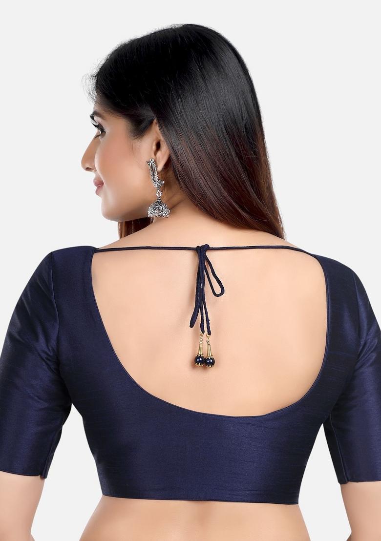 Navy Blue Front Hook Closure Kora Silk Blouse