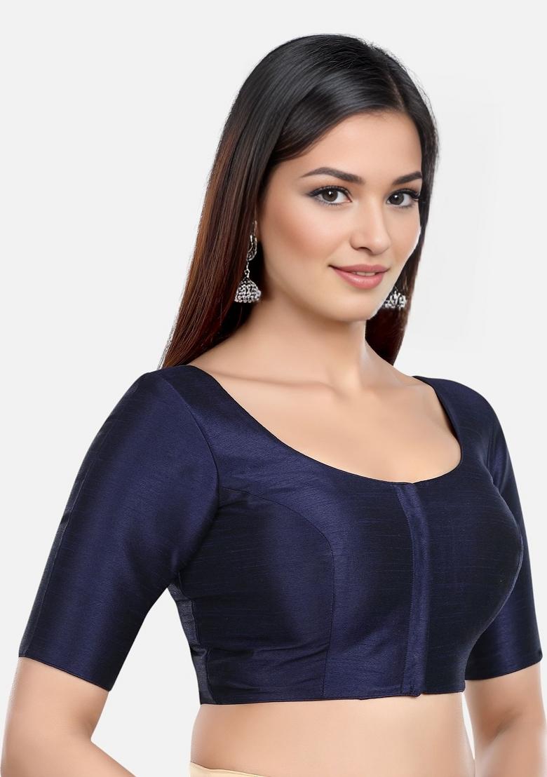 Navy Blue Front Hook Closure Kora Silk Blouse