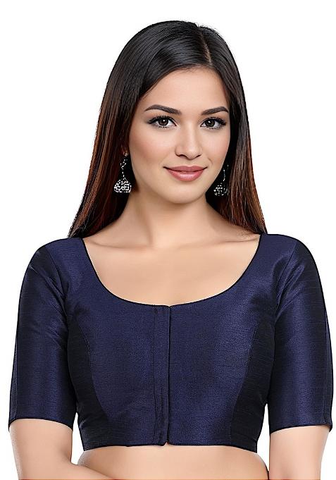 Navy Blue Front Hook Closure Kora Silk Blouse