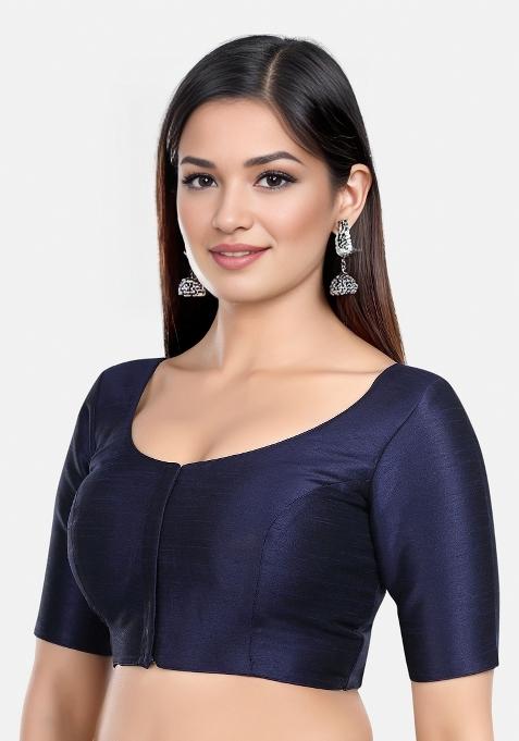 Navy Blue Front Hook Closure Kora Silk Blouse
