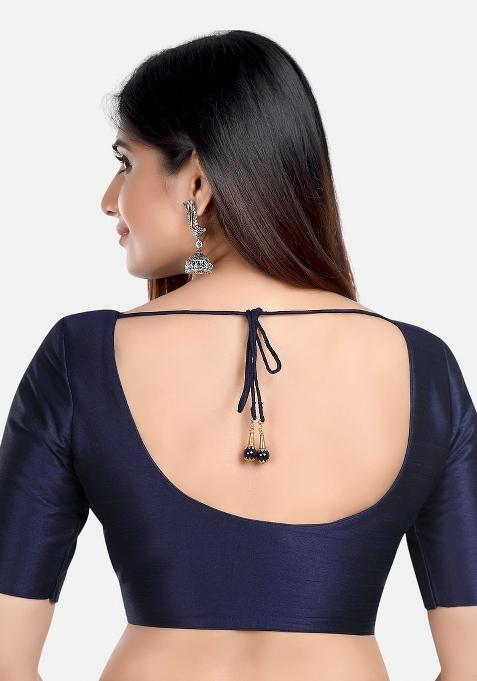 Navy Blue Front Hook Closure Kora Silk Blouse