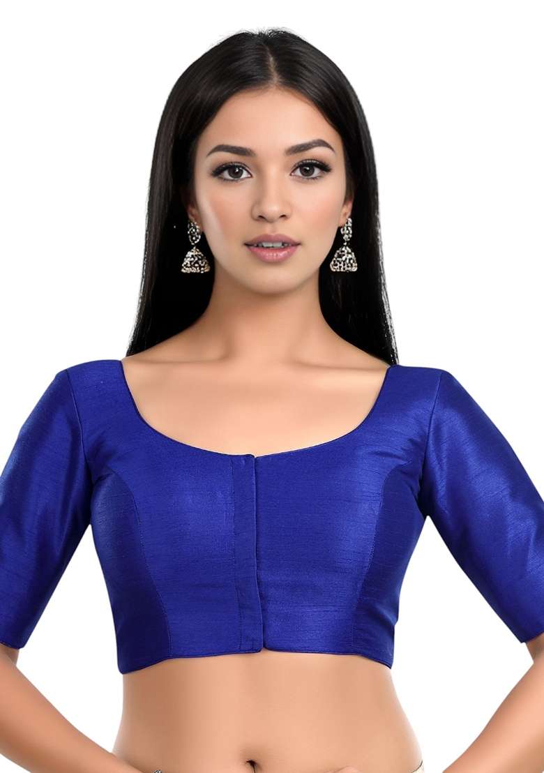 Royal Blue Front Hook Closure Kora Silk Blouse - Indya