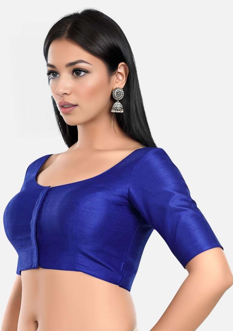 Royal Blue Front Hook Closure Kora Silk Blouse - Indya