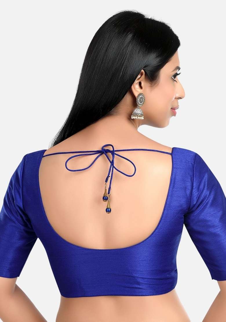 Royal Blue Front Hook Closure Kora Silk Blouse - Indya