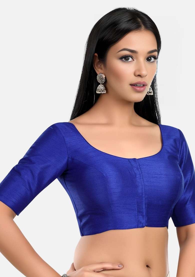 Royal Blue Front Hook Closure Kora Silk Blouse - Indya