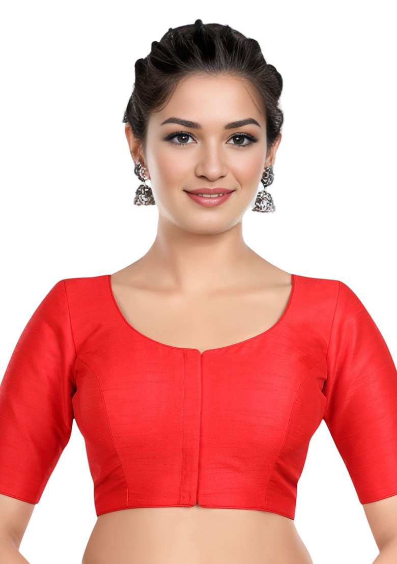 Red Front Hook Closure Kora Silk Blouse - Indya