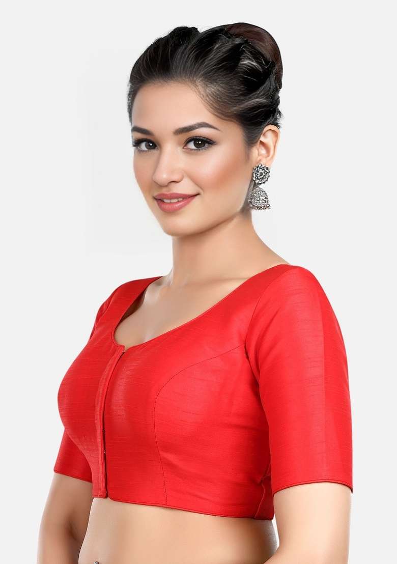 Red Front Hook Closure Kora Silk Blouse - Indya