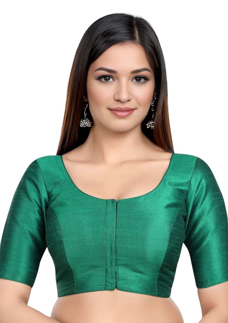 Rama Green Front Hook Closure Kora Silk Blouse - Indya