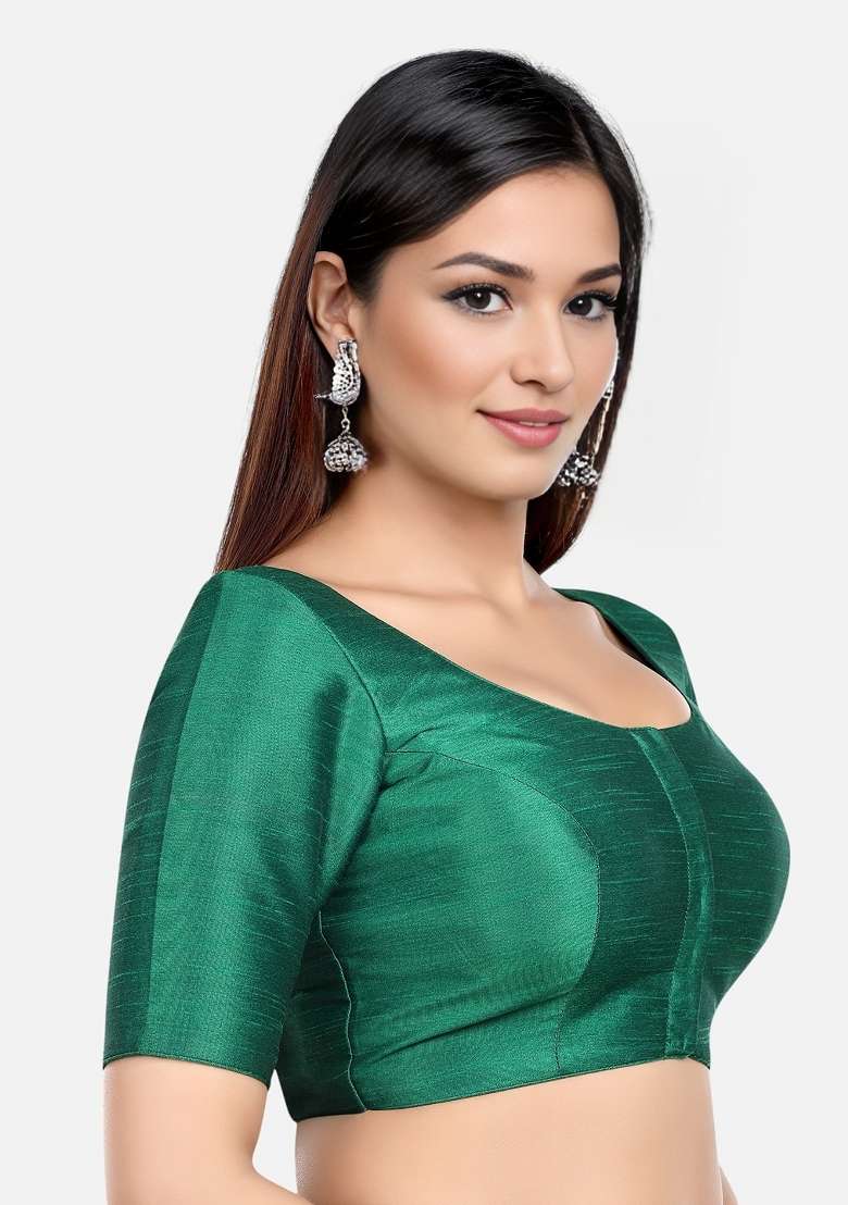 Rama Green Front Hook Closure Kora Silk Blouse - Indya