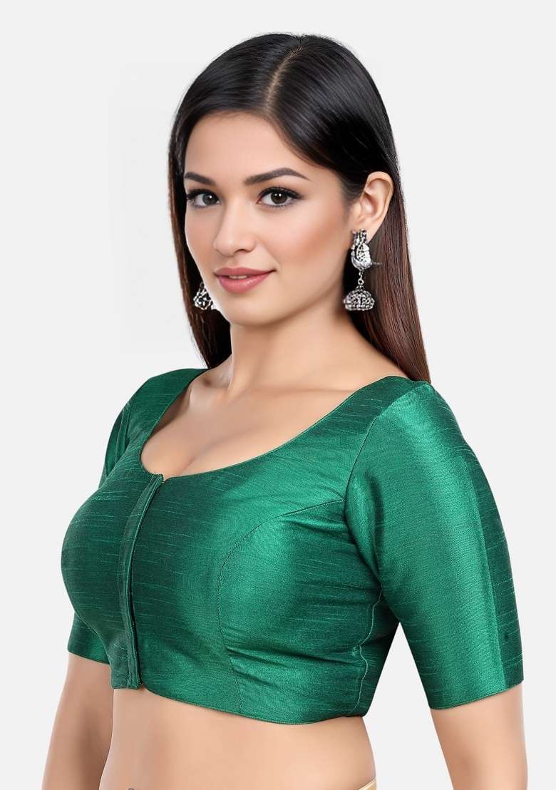Rama Green Front Hook Closure Kora Silk Blouse - Indya