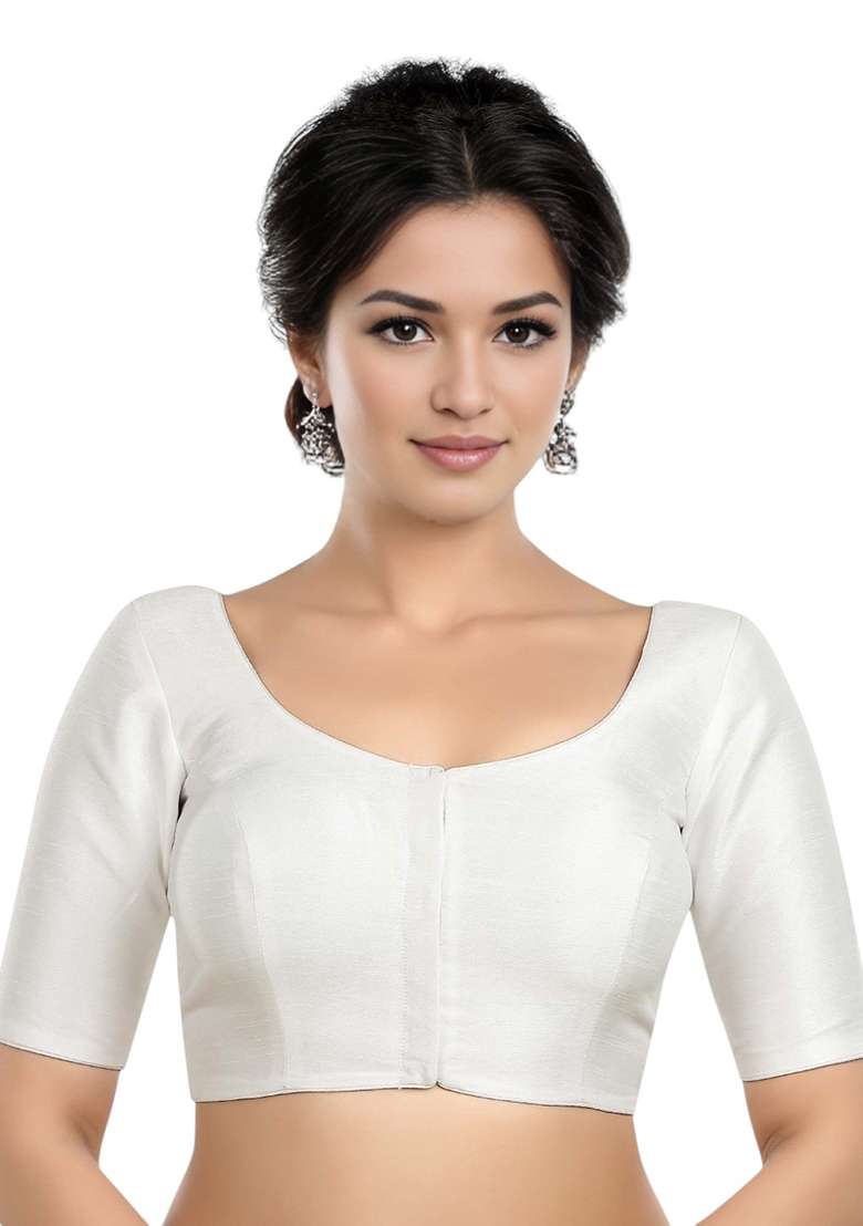 White Front Hook Closure Kora Silk Blouse - Indya