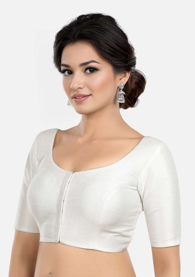 White Front Hook Closure Kora Silk Blouse - Indya