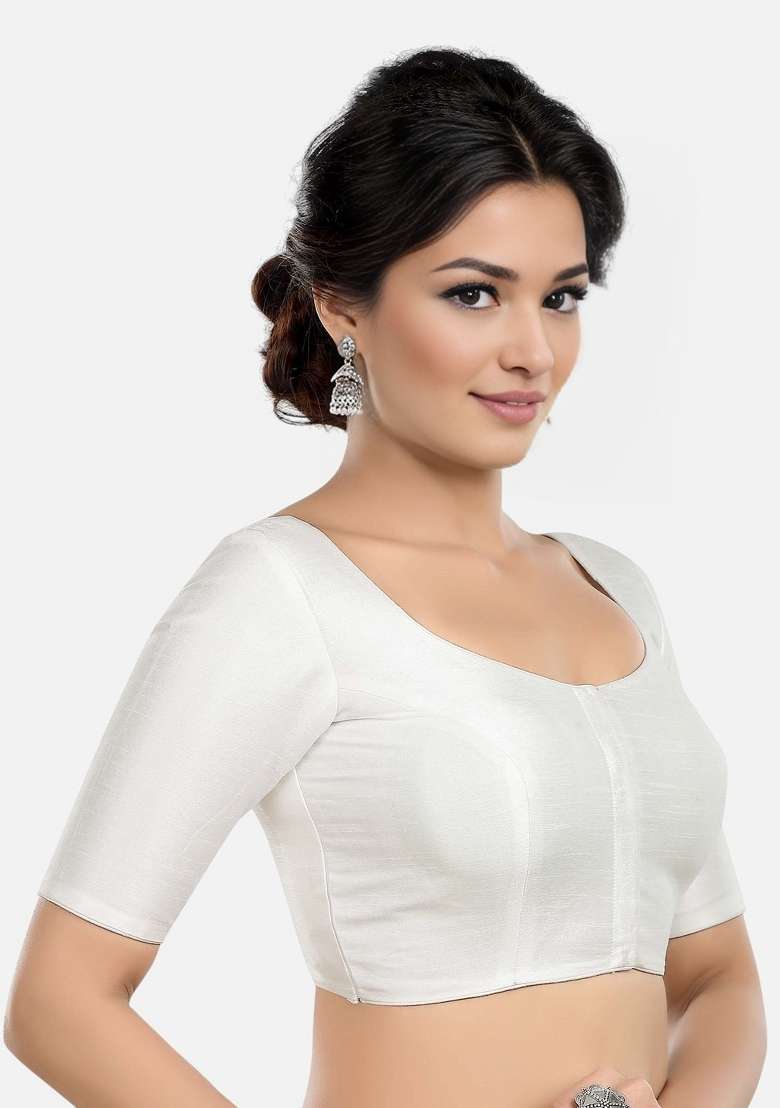 White Front Hook Closure Kora Silk Blouse - Indya