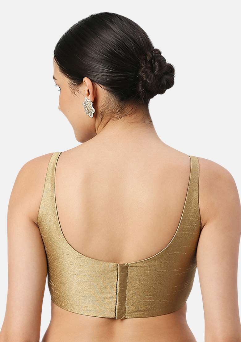 Dark Gold Back Hook Closure Art Silk Blouse - Indya