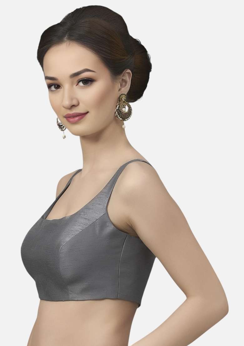 Grey Back Hook Closure Art Silk Blouse - Indya