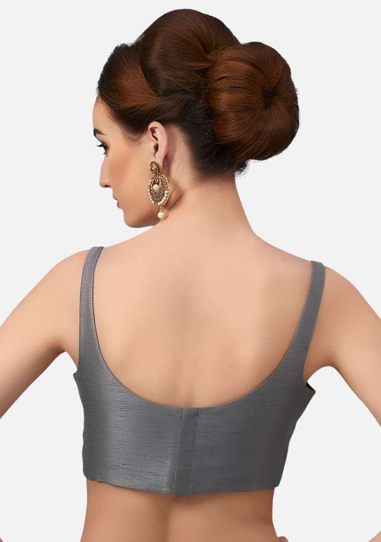 Grey Back Hook Closure Art Silk Blouse - Indya