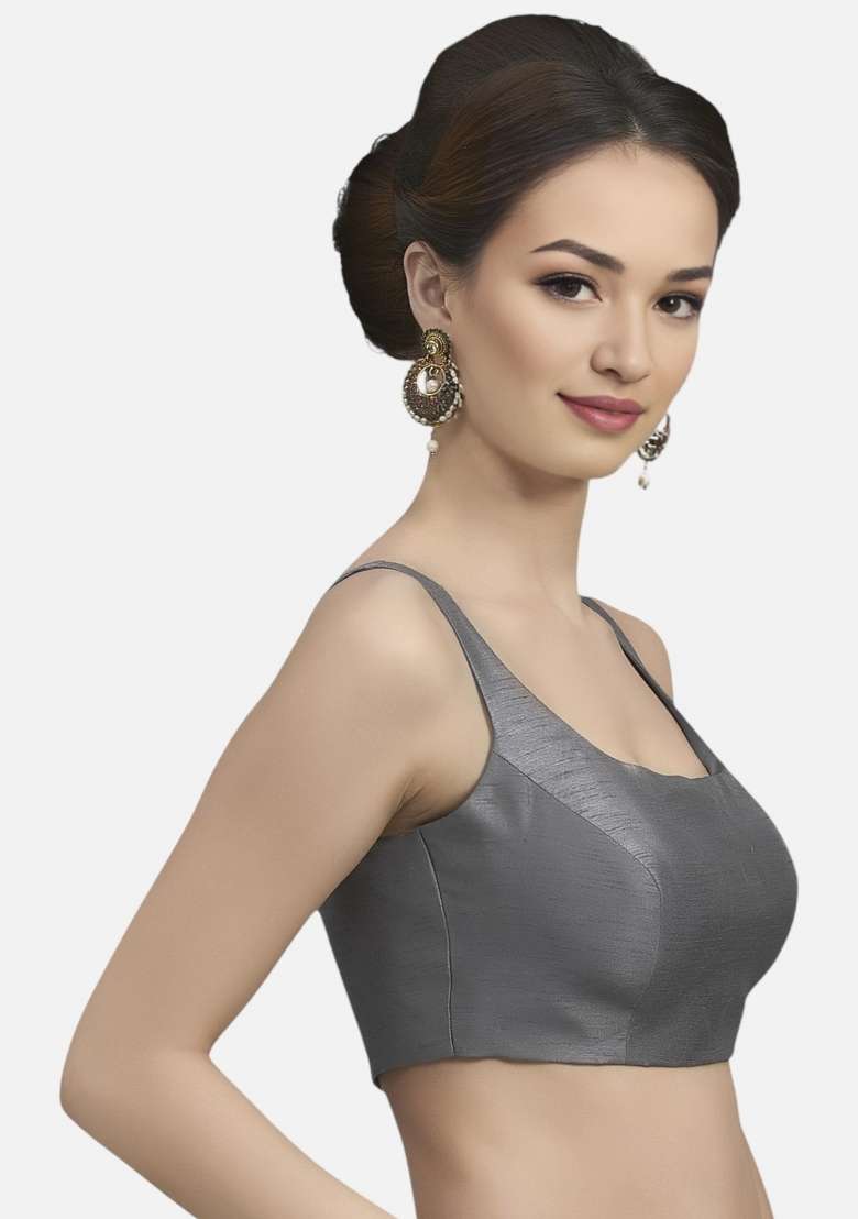 Grey Back Hook Closure Art Silk Blouse - Indya