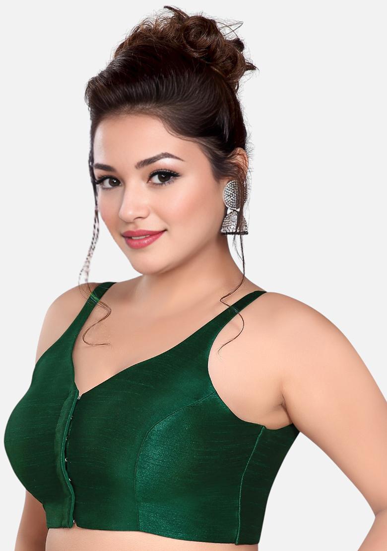 Dark Green Front Hook Closure Art Silk Blouse