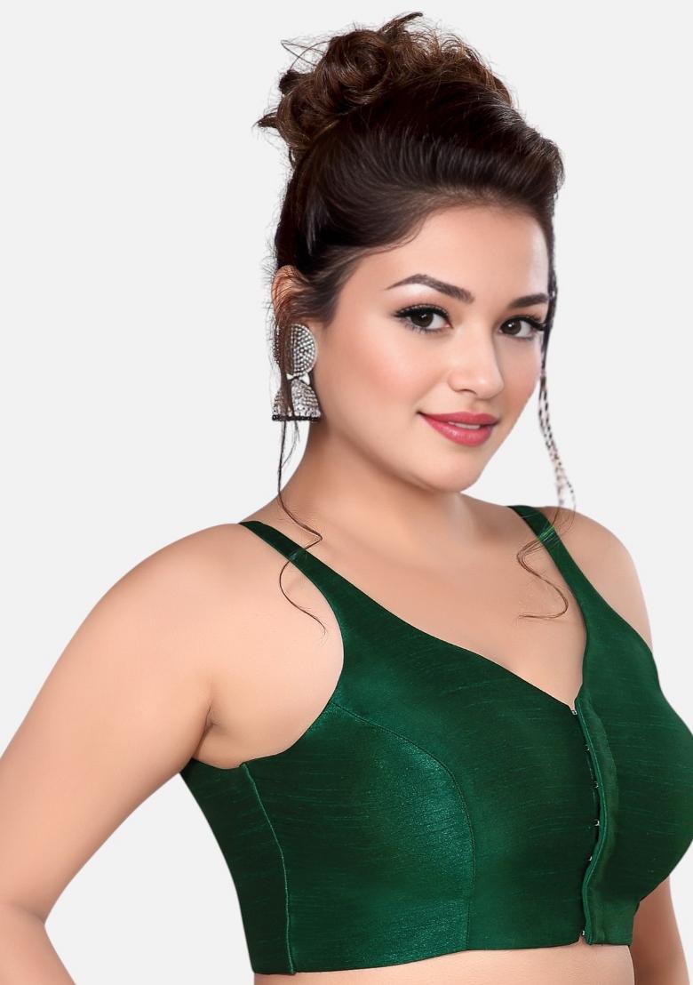 Dark Green Front Hook Closure Art Silk Blouse