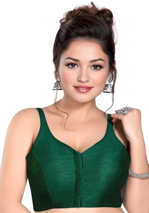 Dark Green Front Hook Closure Art Silk Blouse