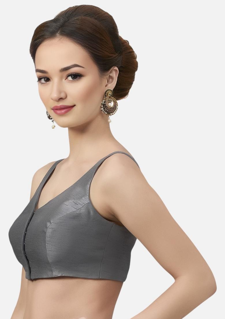 Grey Front Hook Closure Art Silk Blouse