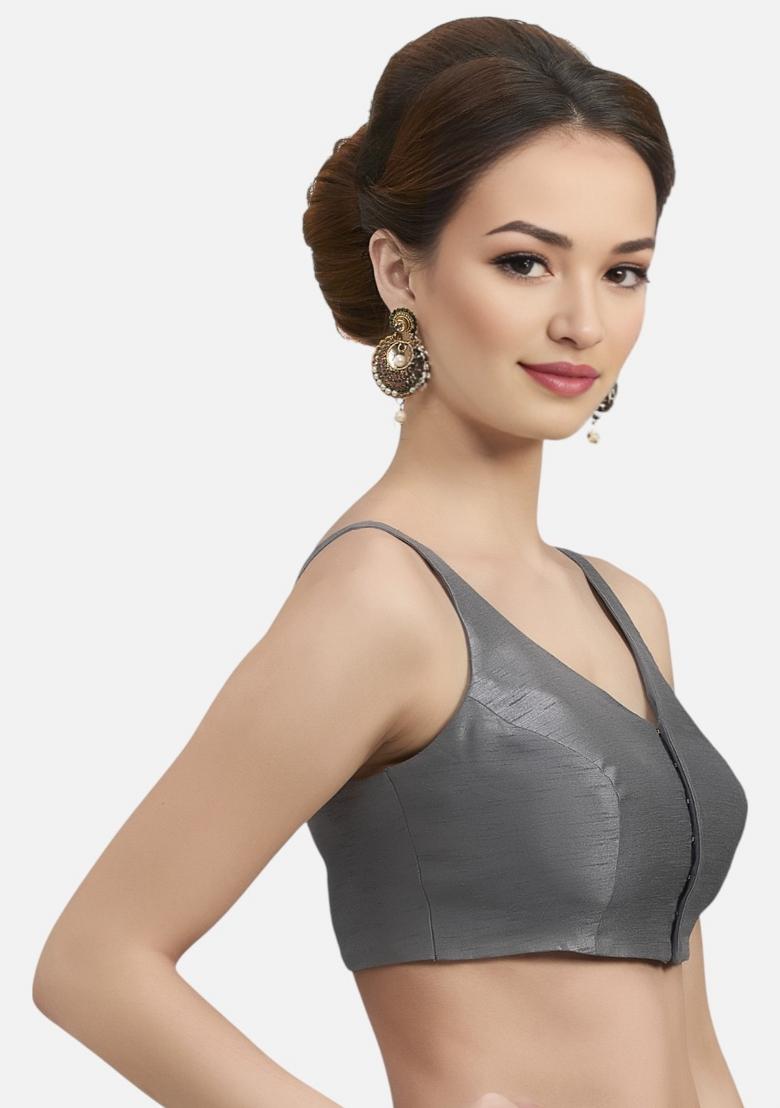 Grey Front Hook Closure Art Silk Blouse