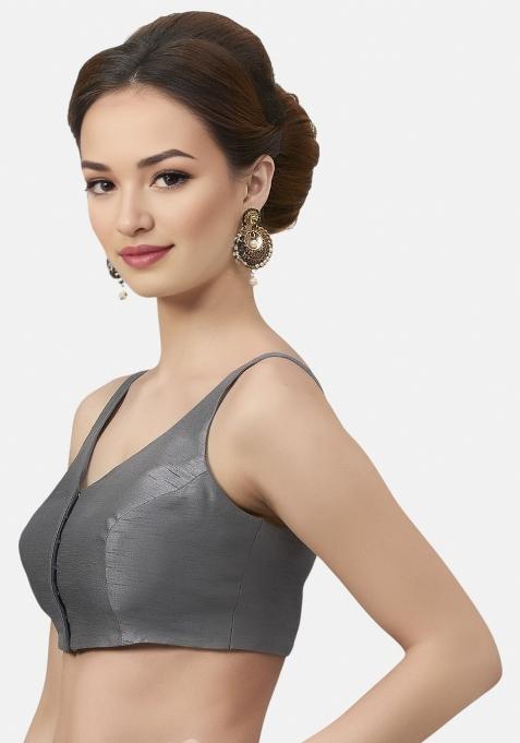 Grey Front Hook Closure Art Silk Blouse