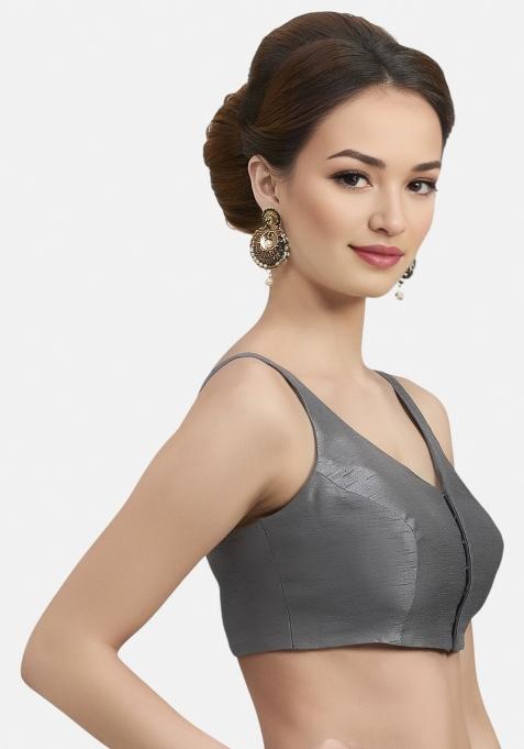 Grey Front Hook Closure Art Silk Blouse