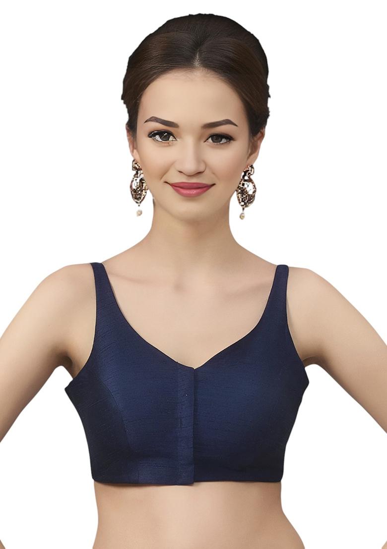 Navy Blue Front Hook Closure Art Silk Blouse