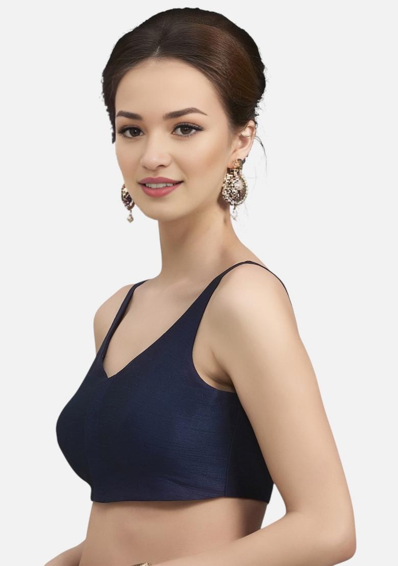 Navy Blue Front Hook Closure Art Silk Blouse