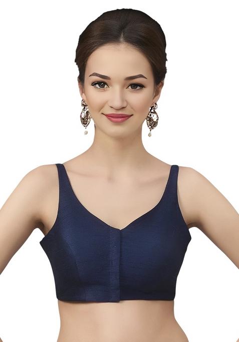 Navy Blue Front Hook Closure Art Silk Blouse