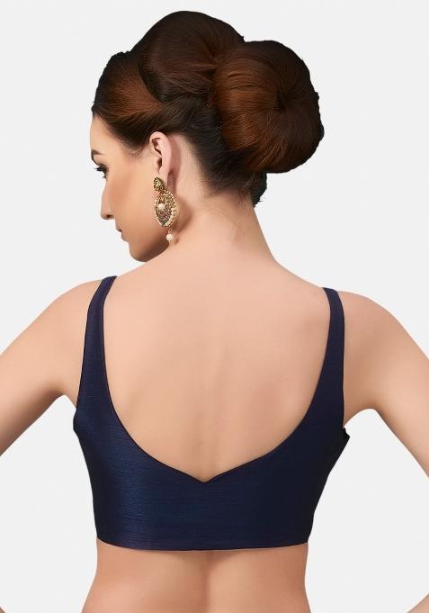 Navy Blue Front Hook Closure Art Silk Blouse