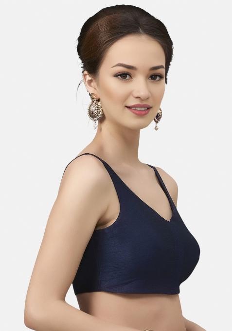 Navy Blue Front Hook Closure Art Silk Blouse