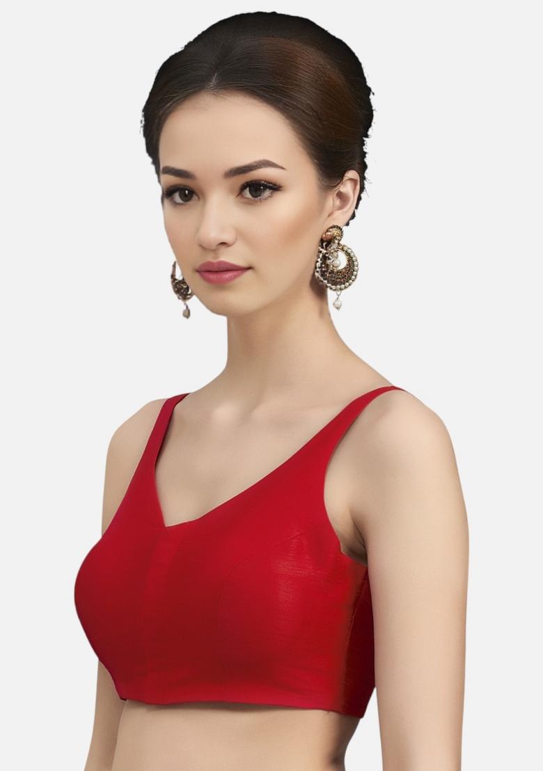 Red Front Hook Closure Art Silk Blouse