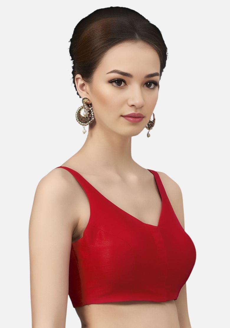 Red Front Hook Closure Art Silk Blouse