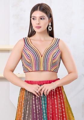 Multi Hand embroidery Poly Mulbury Silk Blouse