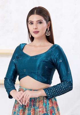 Cobalt Blue Hand embroidery Poly Gajii Silk Blouse