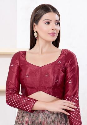 Maroon Hand embroidery Poly Gajii Silk Blouse