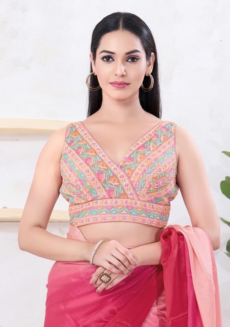 Pastel Pink Hand embroidery Poly Shifli Blouse