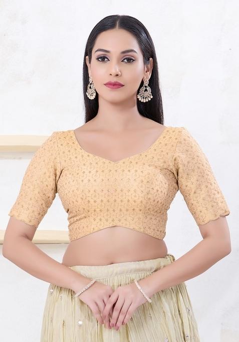 Light Gold Hand embroidery Poly Tissue Blouse
