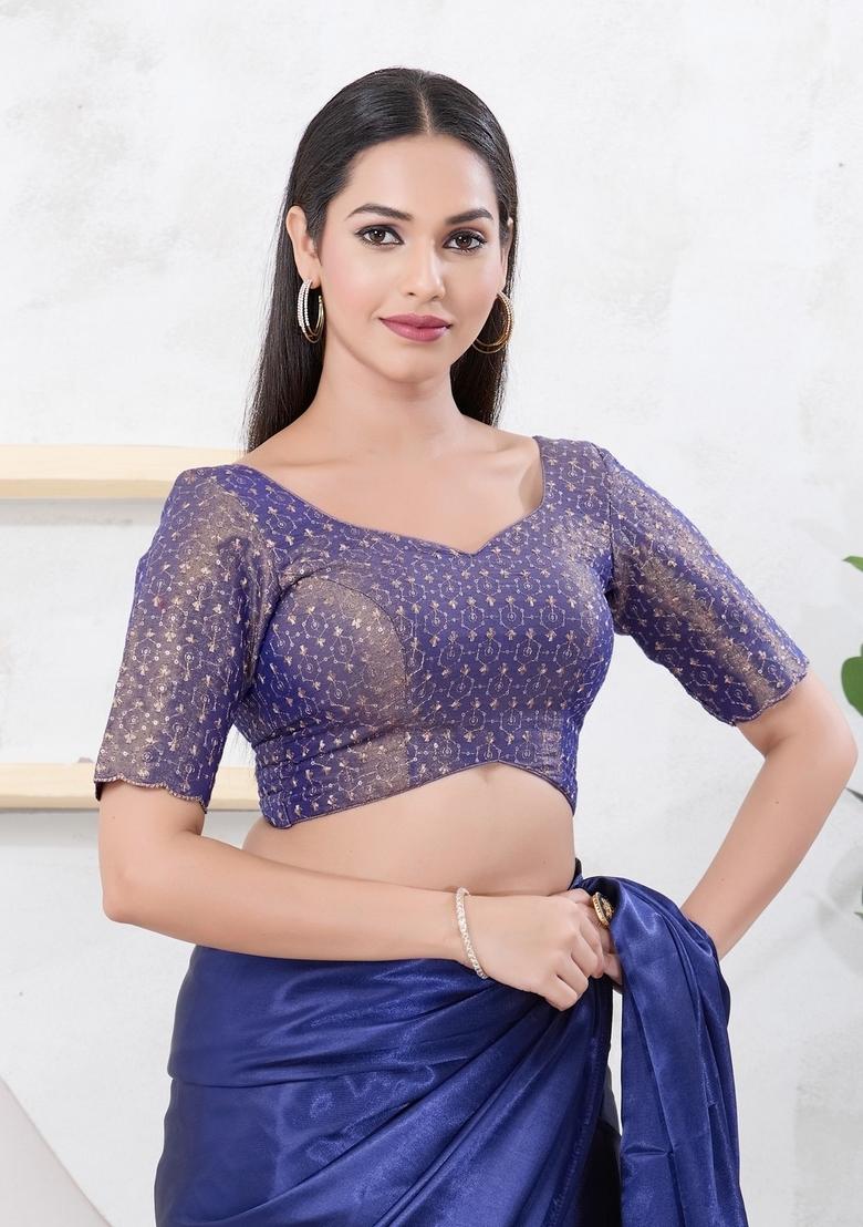Royal Blue Hand embroidery Poly Tissue Blouse
